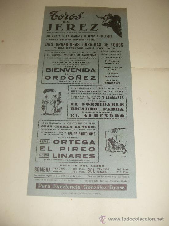 Tauromachie: CARTEL DE TOROS PEQUE&Ntilde;O. PLAZA DE JEREZ. 1966. BIENVENIDA, ORDO&Ntilde;EZ, RICARDO DE FABRA, EL ALMENDRO...