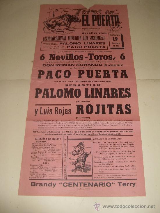 Tauromachie: CARTEL DE TOROS. PLAZA DEL PUERTO. 1965. PACO PUERTA, PALOMO LINARES, ROJITAS.