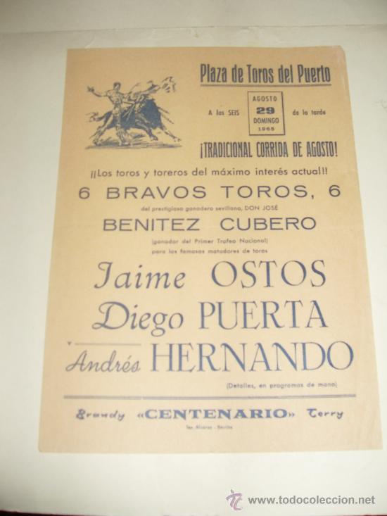 Tauromachie: CARTEL DE TOROS PEQUE&Ntilde;O. PLAZA DEL PUERTO. 1965. OSTOS, PUERTA, HERNANDO.