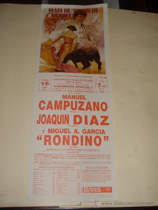 Tauromachie: CARTEL DE TOROS. PLAZA DE SEVILLA. 1991. CAMPUZANO, DIAZ, RONDINO.