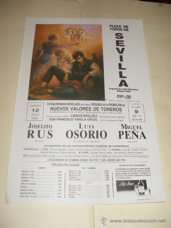 Tauromachie: CARTEL DE TOROS. PLAZA DE SEVILLA. 1990. RUS, OSORIO, PE&Ntilde;A.