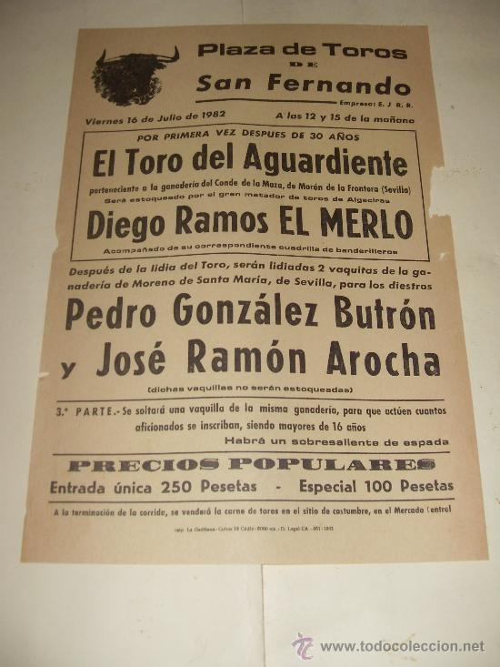 Tauromachie: CARTEL DE TOROS PEQUE&Ntilde;O. PLAZA DE SAN FERNANDO. 1982. EL MERLO, BUTRON, AROCHA.