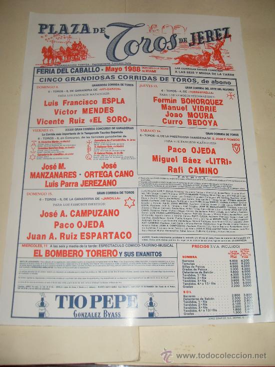 Tauromachia: CARTEL DE TOROS. PLAZA DE JEREZ. 1988. ESPLA, MENDES, EL SORO, BOHORQUEZ, MOURA, LITRI, OJEDA...