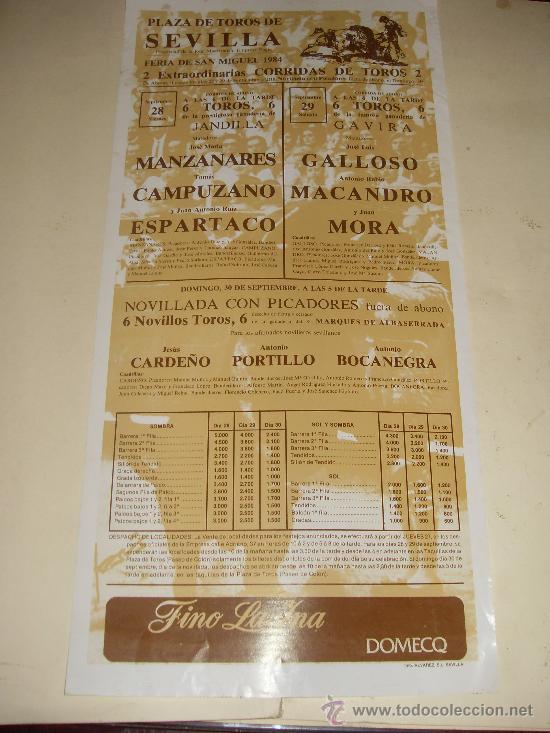 Tauromachia: CARTEL DE TOROS. PLAZA DE SEVILLA. 1984. MANZANARES, CAMPUZANO, ESPARTACO, GALLOSO, MACANDRO, MORA.