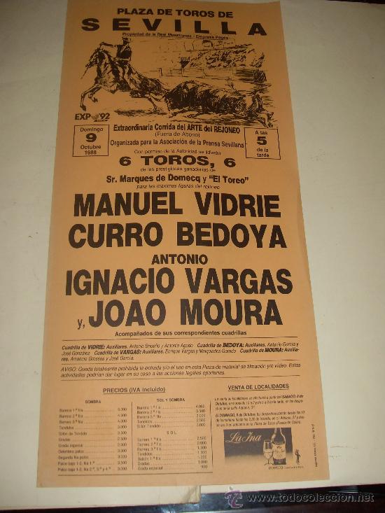 Stierkampf: CARTEL DE TOROS. PLAZA DE SEVILLA. 1989. VIDRIE, BEDOYA, VARGAS, MOURA.