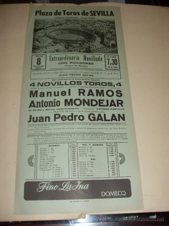 Stierkampf: CARTEL DE TOROS. PLAZA DE SEVILLA. 1984. RAMOS, MONDEJAR, GALAN.