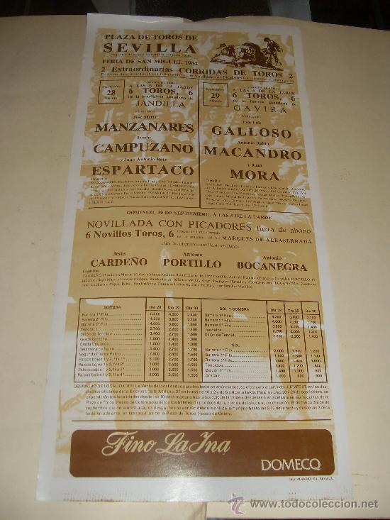 Stierkampf: CARTEL DE TOROS. PLAZA DE SEVILLA. 1984. MANZANARES, CAMPUZANO, ESPARTACO, GALLOSO, MORA...