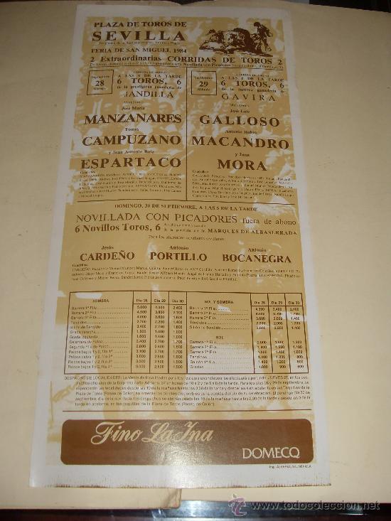 Stierkampf: CARTEL DE TOROS. PLAZA DE SEVILLA. 1984. MANZANARES, CAMPUZANO, ESPARTACO, GALLOSO, MORA...