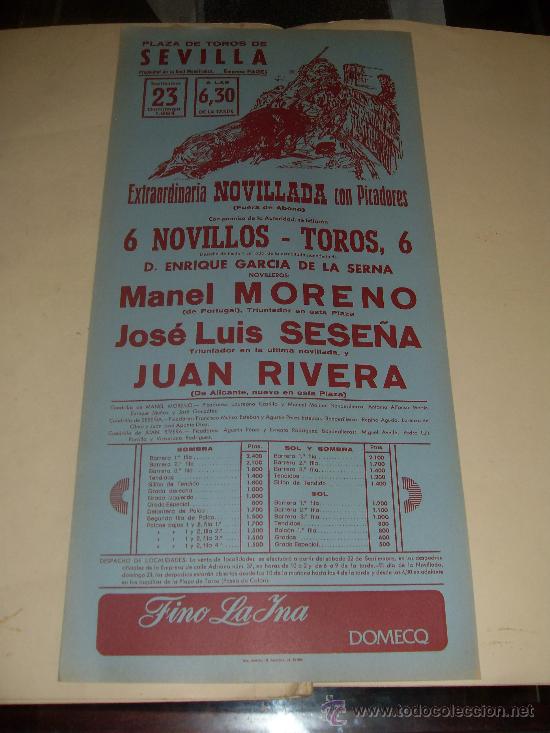 Stierkampf: CARTEL DE TOROS. PLAZA DE SEVILLA. 1984. MANEL MORENO, SESE&Ntilde;A, JUAN RIVERA.