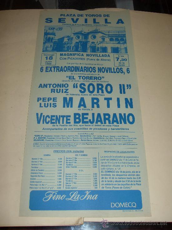 Stierkampf: CARTEL DE TOROS. PLAZA DE SEVILLA. 1989. SORO II, MARTIN, VICENTE BEJARANO.