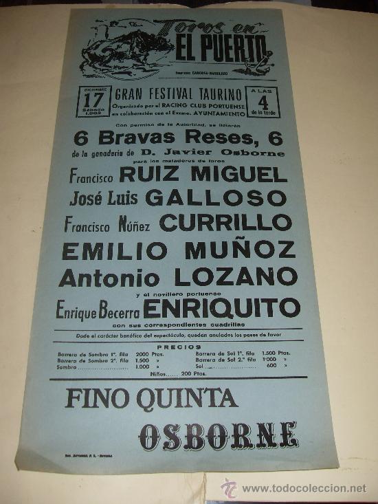 Stierkampf: CARTEL DE TOROS. PLAZA DEL PUERTO. 1983. RUIZ MIGUEL, GALLOSO, CURRILLO, ENRIQUITO, LOZANO...