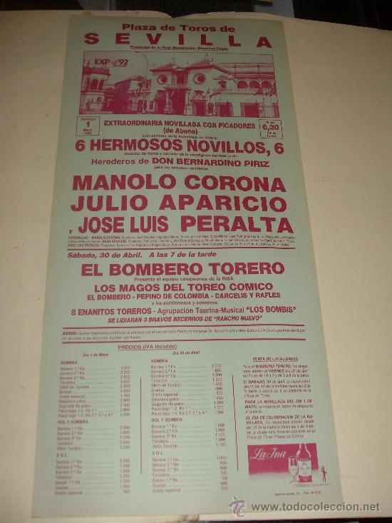 Stierkampf: CARTEL DE TOROS. PLAZA DE SEVILLA. 1988. MANOLO CORONA, JULIO APARICIO, PERALTA. BOMBERO TORERO.