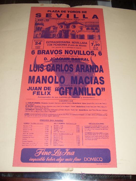 Stierkampf: CARTEL DE TOROS. PLAZA DE SEVILLA. 1990. LUIS CARLOS ARANDA, MANOLO MACIAS, GITANILLO.