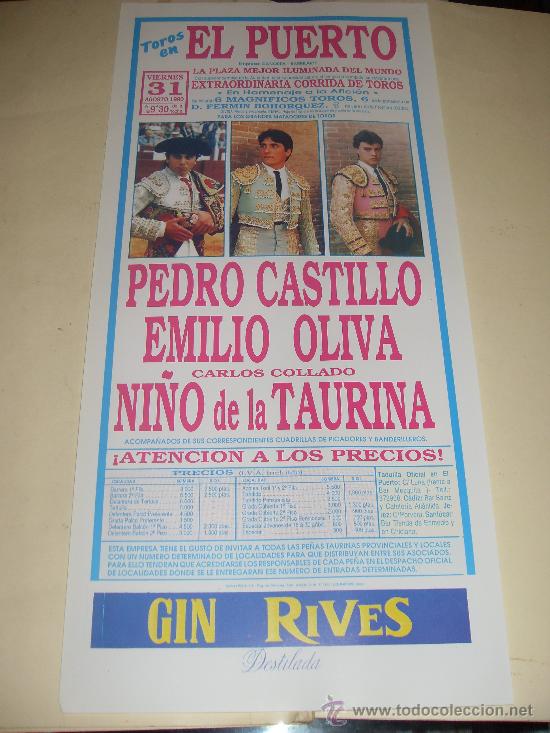 Stierkampf: CARTEL DE TOROS. PLAZA DEL PUERTO. 1990. PEDRO CASTILLO, EMILIO OLIVA, NI&Ntilde;O DE LA TAURINA.