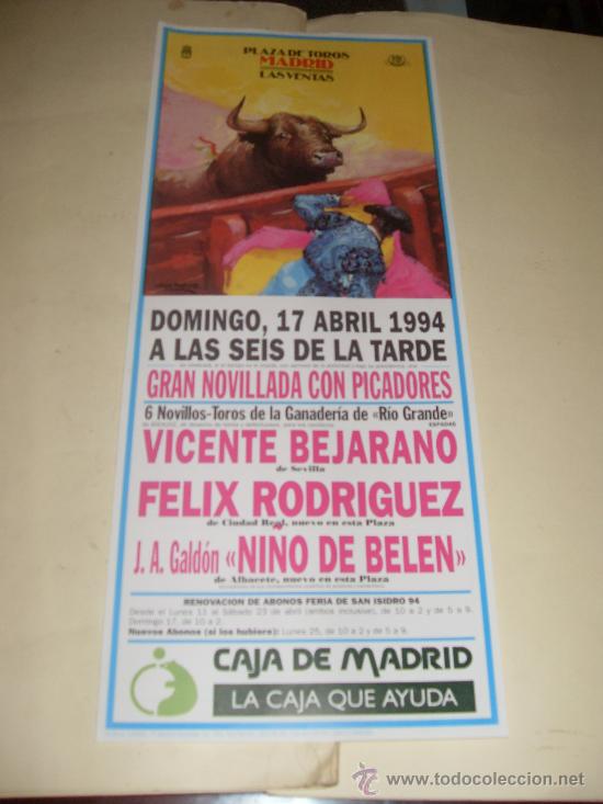 Stierkampf: CARTEL DE TOROS. PLAZA DE MADRID. 1994. VICENTE BEJARANO, FELIX RODRIGUEZ, NI&Ntilde;O DE BELEN.