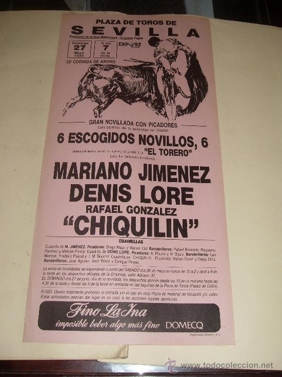 Stierkampf: CARTEL DE TOROS. PLAZA DE SEVILLA. 1990. MARIANO JIMENEZ, DENIS LORE, CHIQUILIN.