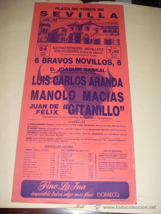 Stierkampf: CARTEL DE TOROS. PLAZA DE SEVILLA. 1990. LUIS CARLOS ARANDA, MANOLO MACIAS, GITANILLO.