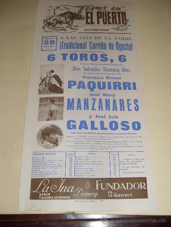 Stierkampf: CARTEL DE TOROS. PLAZA DEL PUERTO. 1977. PAQUIRRI, MANZANARES, GALLOSO.