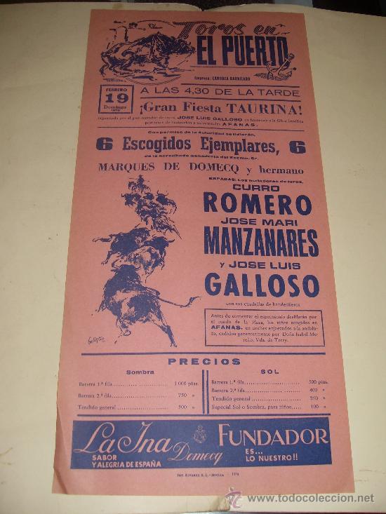 Stierkampf: CARTEL DE TOROS. PLAZA DEL PUERTO. 1978. ROMERO, MANZANARES, GALLOSO.