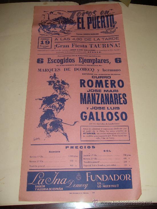 Stierkampf: CARTEL DE TOROS. PLAZA DEL PUERTO. 1978. ROMERO, MANZANARES, GALLOSO.