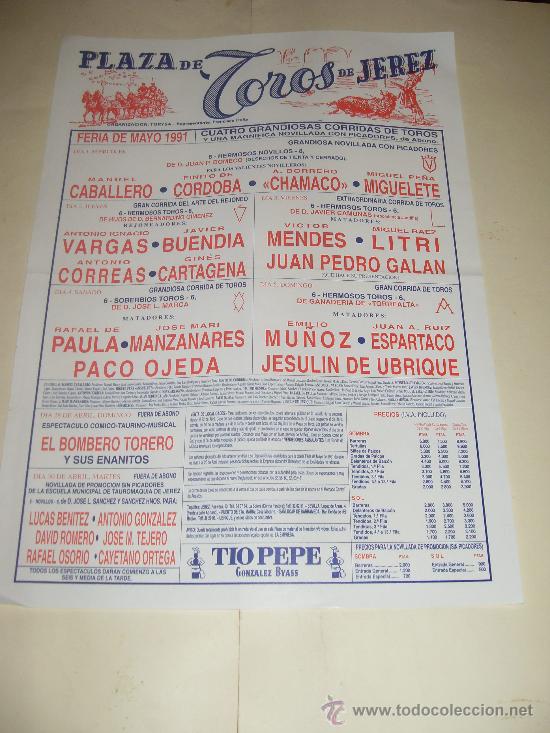 Tauromachie: CARTEL DE TOROS. PLAZA DE JEREZ. 1991. CABALLERO, FINITO DE CORDOBA, CHAMACO, MIGUELETE, LITRI...