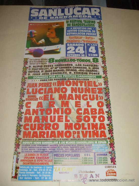 Tauromachie: CARTEL DE TOROS. PLAZA DE SANLUCAR DE BARRAMEDA. 1998. MONTIEL, LUCIANO NU&Ntilde;EZ, EL MANGUI, CARMELO...