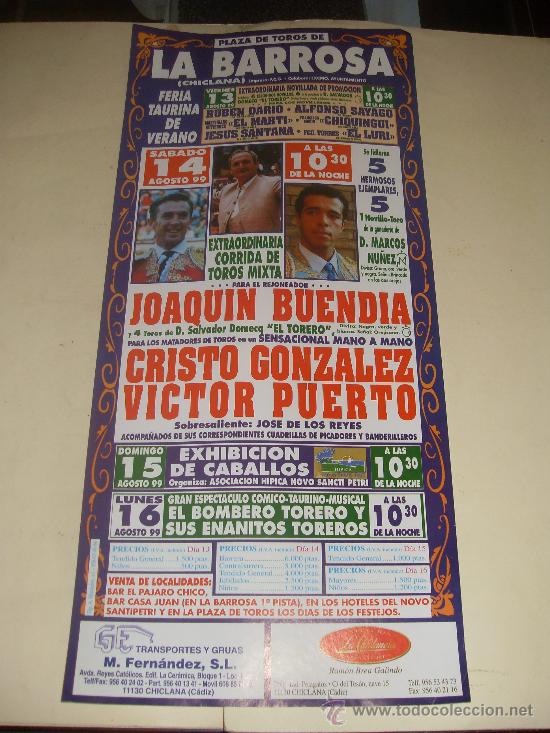 Bullfighting: CARTEL DE TOROS. PLAZA DE LA BARROSA. 1999. BUENDIA, GONZALEZ, PUERTO.