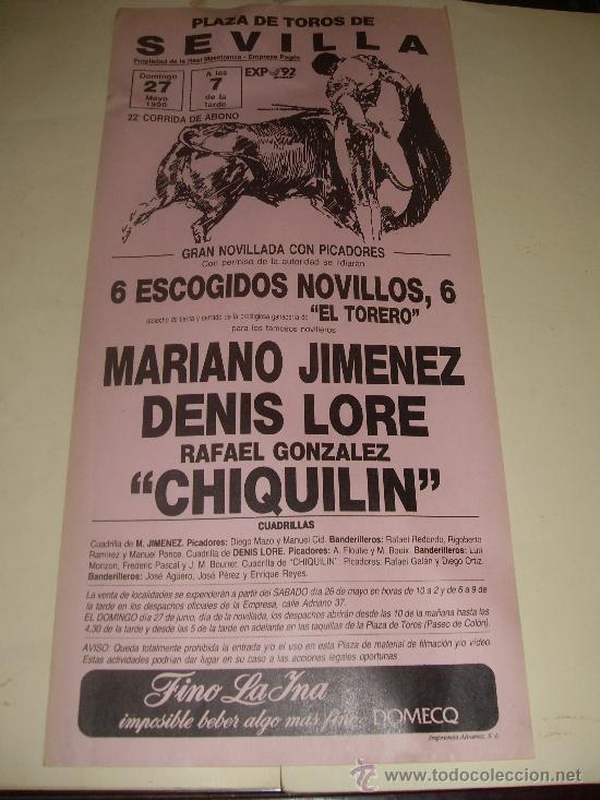 Bullfighting: CARTEL DE TOROS. PLAZA DE SEVILLA. 1990. MARIANO JIMENEZ, DENIS LORE, CHIQUILIN.