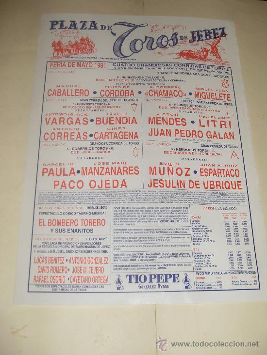 Bullfighting: CARTEL DE TOROS. PLAZA DE JEREZ. 1991. CABALLERO, CORDOBA, CHAMACO, MIGUELETE, LITRI, OJEDA...