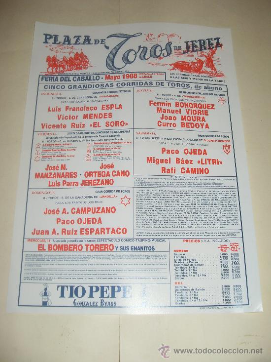 Bullfighting: CARTEL DE TOROS. PLAZA DE JEREZ. 1988. ESPLA, MENDES, EL SORO, ORTEGA CANO, LITRI, CAMINO, OJEDA...