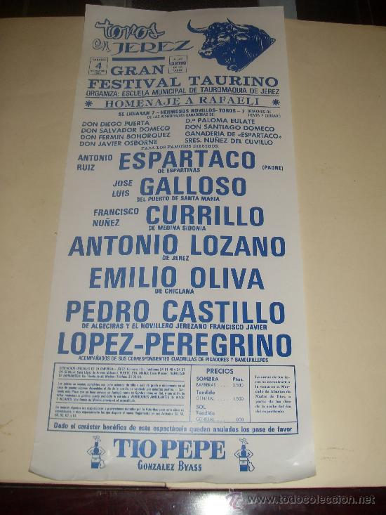 Stierkampf: CARTEL DE TOROS. PLAZA DE JEREZ. 1989. ESPARTACO, GALLOSO, CURRILLO, LOZANO, OLIVA, CASTILLO...
