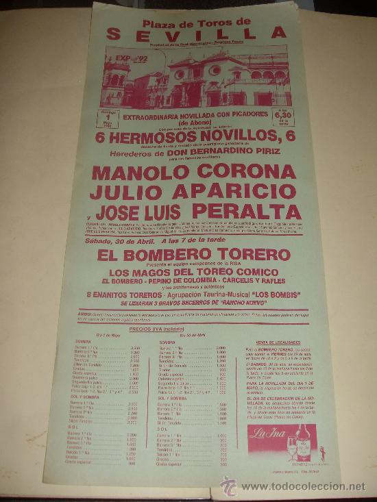 Stierkampf: CARTEL DE TOROS. PLAZA DE SEVILLA. 1988. MANOLO CORONA, JULIO APARICIO, PERALTA. BOMBERO TORERO.