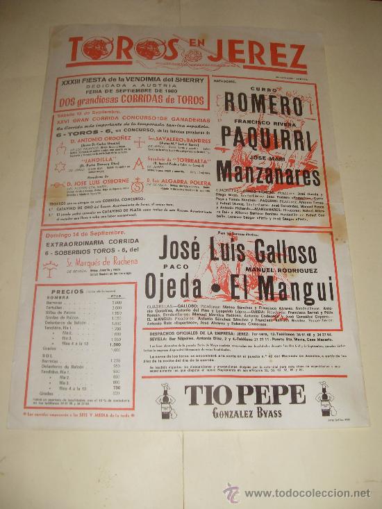 Stierkampf: CARTEL DE TOROS. PLAZA DE JEREZ. 1980. ROMERO, PAQUIRRI, MANZANARES, GALLOSO, OJEDA, EL MANGUI.