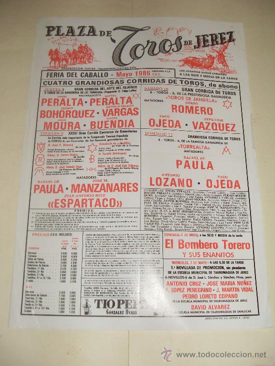 Stierkampf: CARTEL DE TOROS. PLAZA DE JEREZ. 1986. PERALTA, BOHORQUEZ, VARGAS, MOURA, BUENDIA, OJEDA, VAZQUEZ...