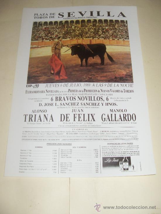 Stierkampf: CARTEL DE TOROS. PLAZA DE SEVILLA. 1989. ALONSO TRIANA, JUAN DE FELIX, MANOLO GALLARDO.