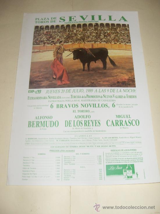 Stierkampf: CARTEL DE TOROS. PLAZA DE SEVILLA. 1989. ALFONSO BERMUDO, ADOLFO DE LOS REYES, MIGUEL CARRASCO.