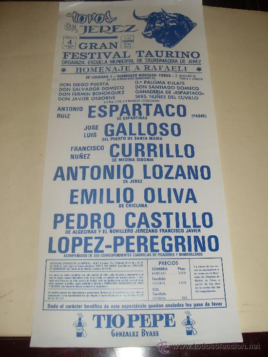Stierkampf: CARTEL DE TOROS. PLAZA DE JEREZ. 1989. ESPARTACO, GALLOSO, CURRILLO, LOZANO, OLIVA, CASTILLO...