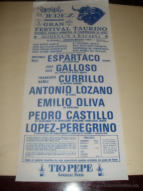 Stierkampf: CARTEL DE TOROS. PLAZA DE JEREZ. 1989. ESPARTACO, GALLOSO, CURRILLO, LOZANO, OLIVA, CASTILLO...