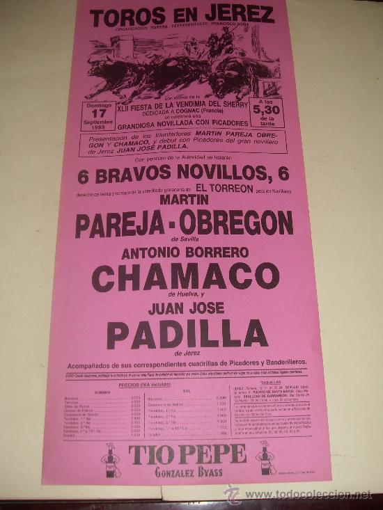 Stierkampf: CARTEL DE TOROS. PLAZA DE JEREZ. 1989. PAREJA-OBREGON, CHAMACO, PADILLA.