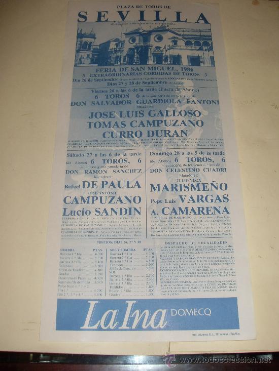 Stierkampf: CARTEL DE TOROS. PLAZA DE SEVILLA. 1986. GALLOSO, CAMPUZANO, DURAN, DE PAULA, SANDIN, VARGAS...