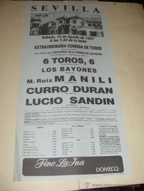 Stierkampf: CARTEL DE TOROS. PLAZA DE SEVILLA. 1987. MANILI, CURRO DURAN, LUCIO SANDIN.