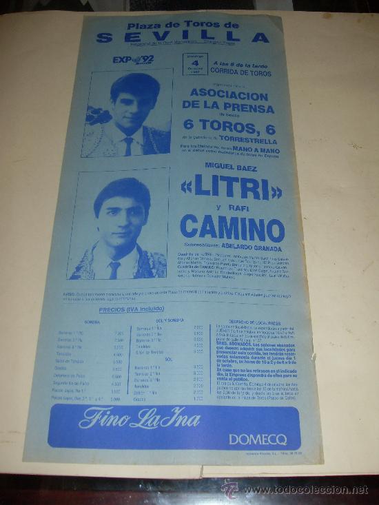 Stierkampf: CARTEL DE TOROS. PLAZA DE SEVILLA. 1987. MIGUEL BAEZ LITRI Y RAFI CAMINO.