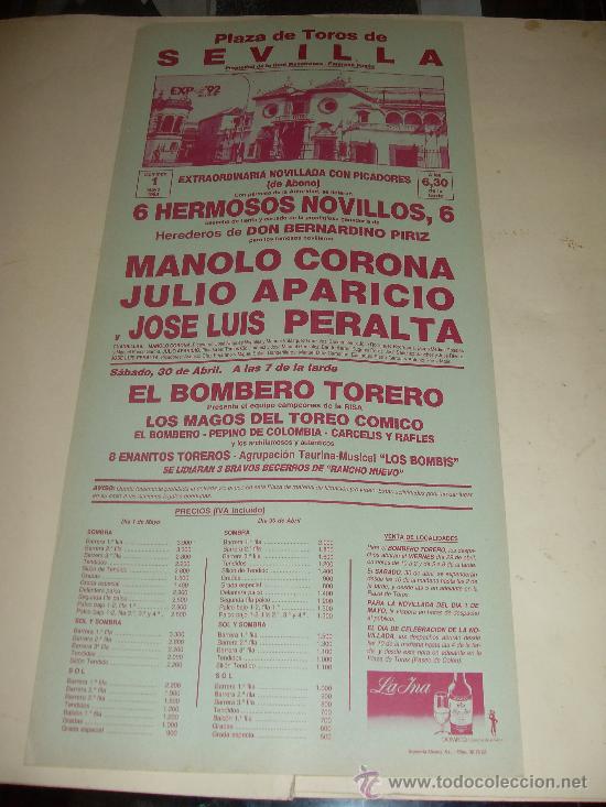 Stierkampf: CARTEL DE TOROS. PLAZA DE SEVILLA. 1988. MANOLO CORONA, JULIO APARICIO, PERALTA.