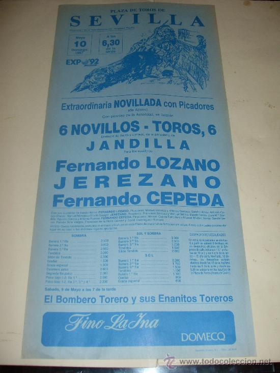Stierkampf: CARTEL DE TOROS. PLAZA DE SEVILLA. 1987. LOZANO, JEREZANO, CEPEDA.