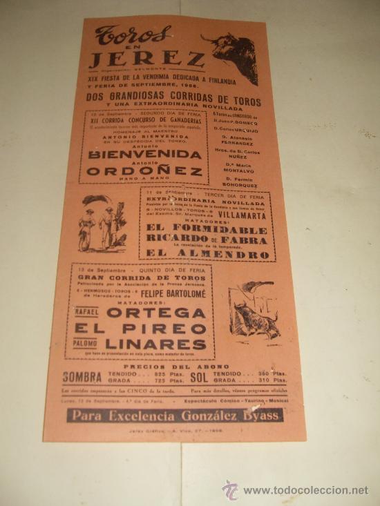 Stierkampf: CARTEL DE TOROS PEQUE&Ntilde;O. PLAZA DE JEREZ. 1966. BIENVENIDA, ORDO&Ntilde;EZ, ORTEGA, EL PIREO, LINARES...