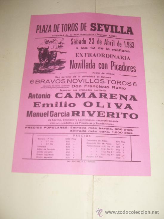 Stierkampf: CARTEL DE TOROS PEQUE&Ntilde;O. PLAZA DE SEVILLA. 1983. CAMARENA, OLIVA, RIVERITO.