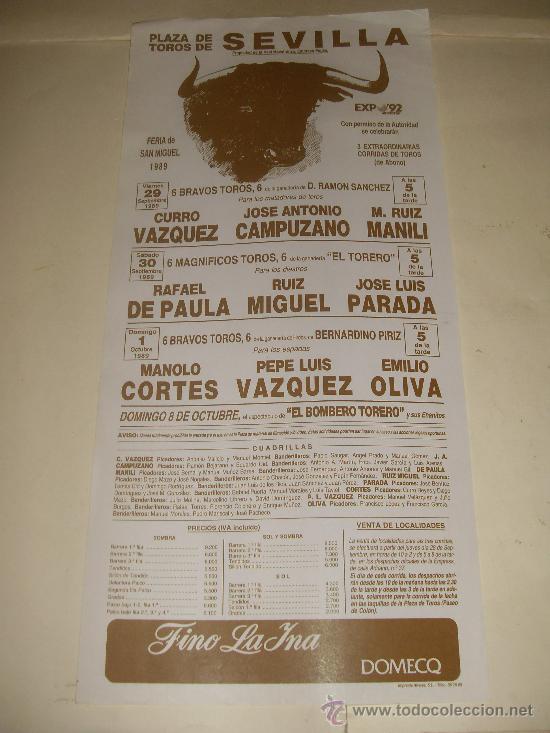 Stierkampf: CARTEL DE TOROS. PLAZA DE SEVILLA. 1989. VAZQUEZ, CAMPUZANO, MANILI, PARADA, DE PAULA, OLIVA, CORTES