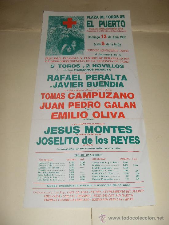 Stierkampf: CARTEL DE TOROS. PLAZA DEL PUERTO. 1992. PERALTA, BUENDIA, CAMPUZANO, OLIVA, GALAN, MONTES...