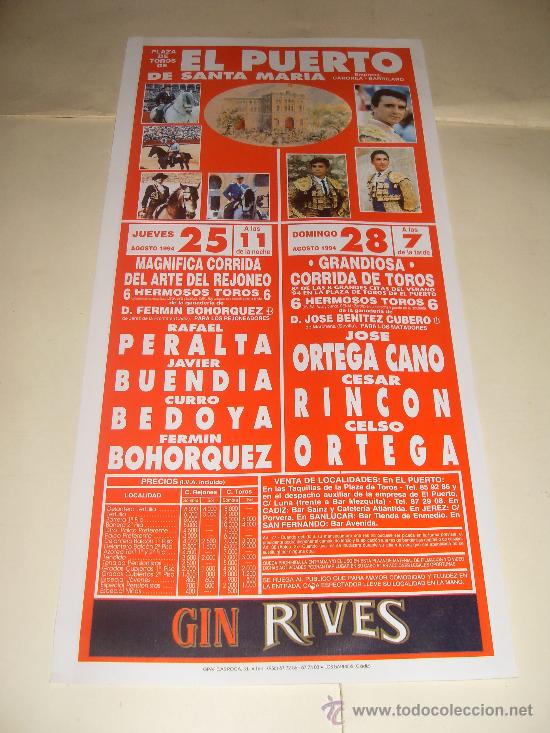 Stierkampf: CARTEL DE TOROS. PLAZA DEL PUERTO. 1994. PERALTA, BUENDIA, BEDOYA, BOHORQUEZ, ORTEGA CANO, RINCON...