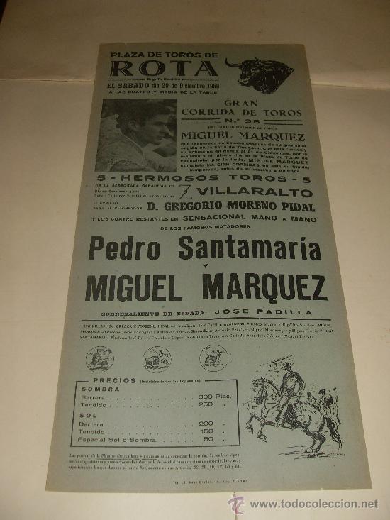 Stierkampf: CARTEL DE TOROS. PLAZA DE ROTA. 1969. PEDRO SANTAMARIA Y MIGUEL MARQUEZ.